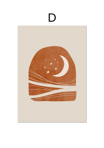 Red and beige crescent moon and stars wall art print