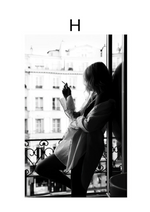 Load image into Gallery viewer, Black and white woman smoking posing at a balcony window wall art print
