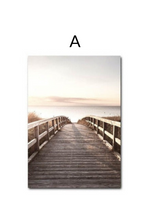 Load image into Gallery viewer, Scandinavian sunset wooden bridge landscape wall art print
