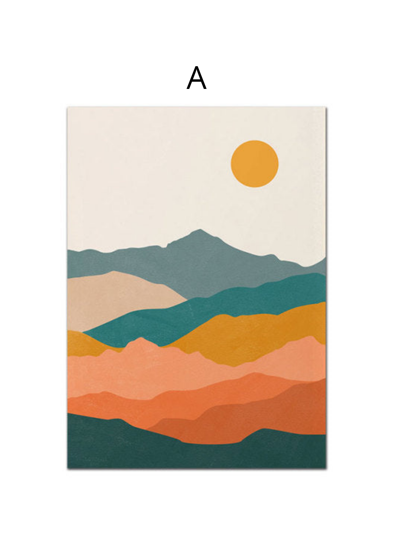 Colourful mountain range with orange sun wall art print