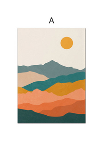 Colourful mountain range with orange sun wall art print