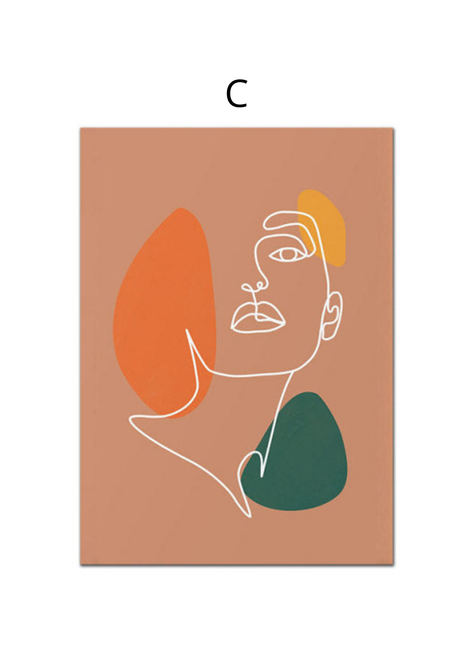 White line drawing of a womens face on a terracotta background with orange yellow and green blobs wall art prints