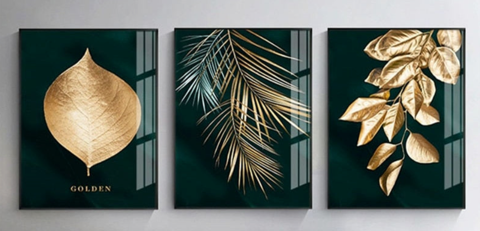 Three contemporary gold and turquoise leaf wall art prints