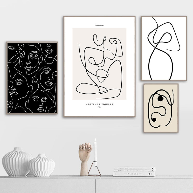 Collection of female black and white line wall art prints