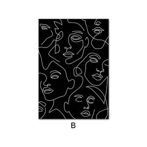 Abstract black and white female face line wall art print