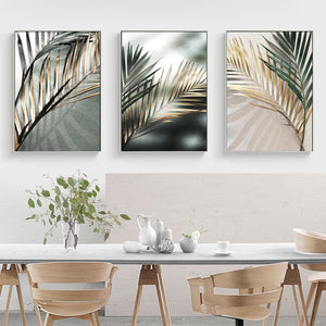 Three nordic golden palm leaf wall art prints