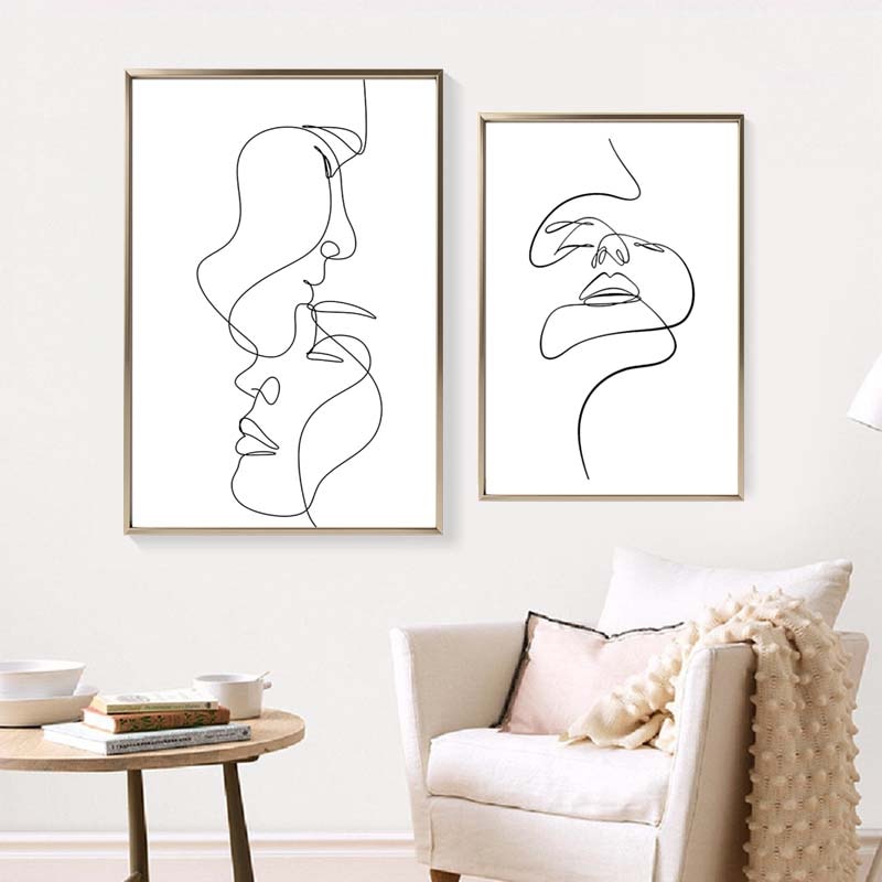 Two large black and white single line lady face wall art print