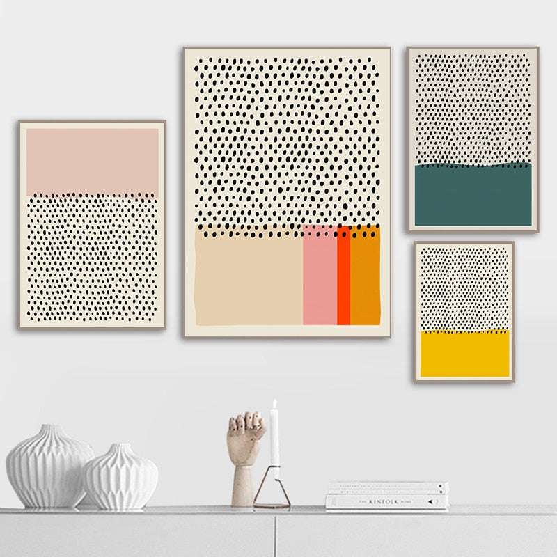 Four multicoloured minimalist wall art prints