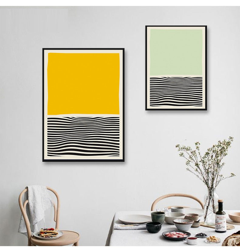 Two minimalist yellow green and black horizontal line wall art print