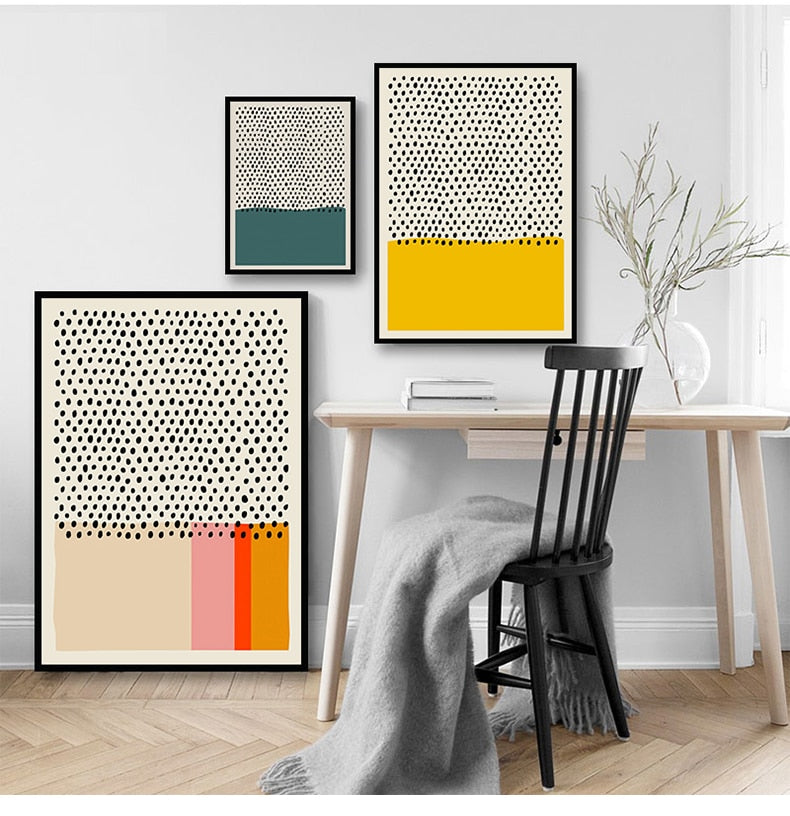 Three minimalist mulitcoloured wall art prints