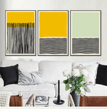Load image into Gallery viewer, Three minimalist yellow and green vertical and horizontal black line wall art print
