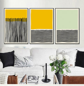 Three minimalist yellow and green vertical and horizontal black line wall art print