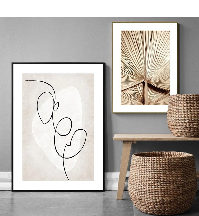 Abstract black and grey single line print and golden leaf fronds wall art print