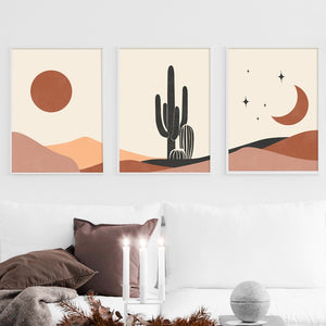 Three contemporary desert cactus sun moon and stars landscape wall art prints