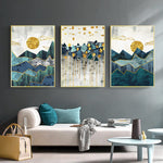 Load image into Gallery viewer, Three golden sunrise mountain rain drop wall art prints hanging above a sofa
