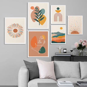 Gallery wall of six colourful wall art prints.  Colourful mountain range sun rise prints.  
