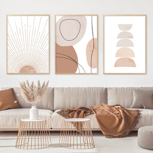 Three contemporary beige and brown sun rise wall art print