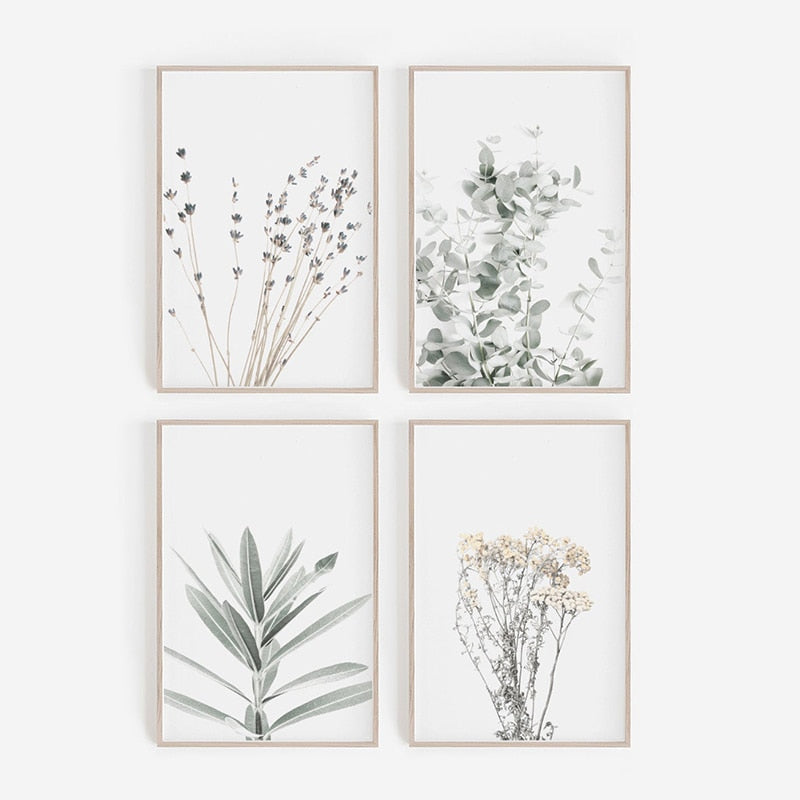 Four lavender eucalyptus nordic leaf wall art prints