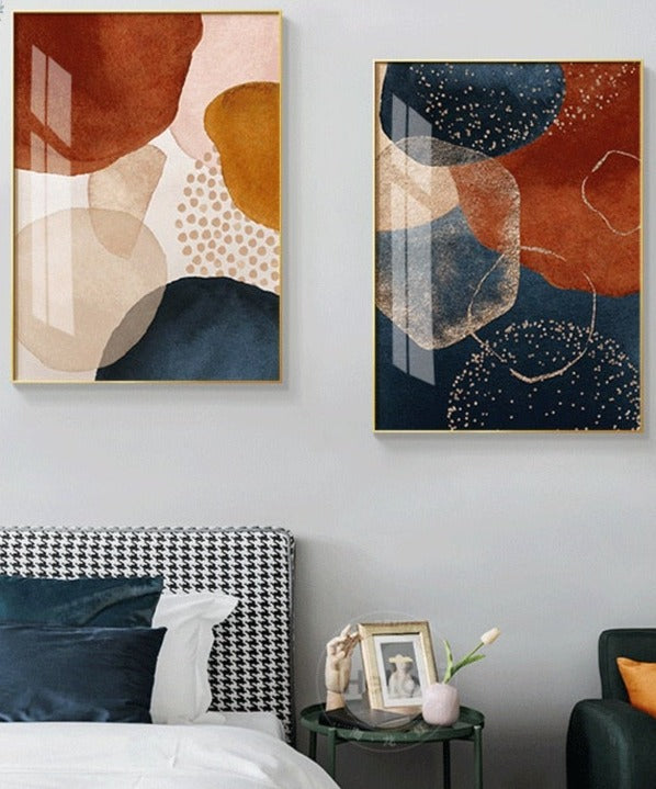 Two contemporary red orange blue and pink wall art print
