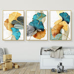 Load image into Gallery viewer, Three blue gold orange leaf wall art print
